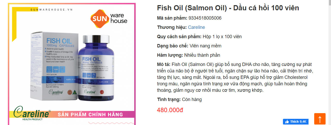 Dầu cá hồi CareLine Fish Oil (Salmon Oil) đang được bán trên thị trường với mức giá khoảng 480.000 VND/Lọ 100 viên