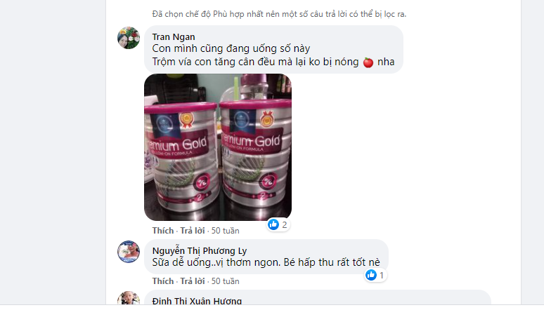 Phản hồi của người dùng về sữa Premium Gold 2 trên Facebook