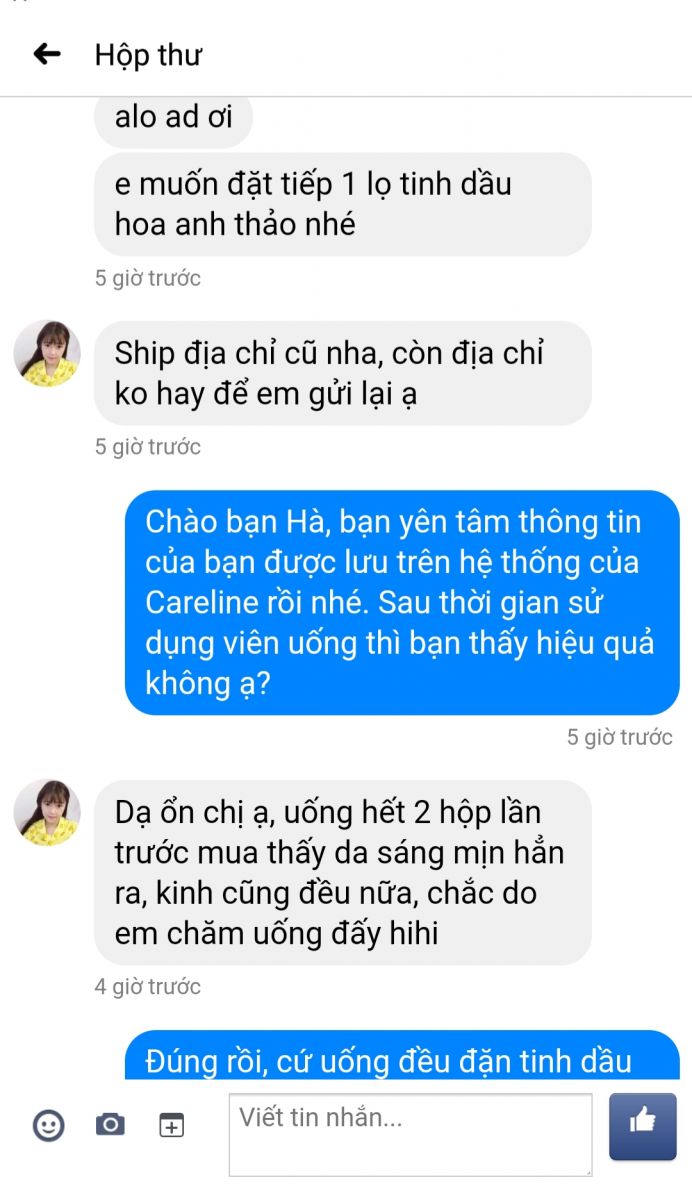 Review khách hàng sử dụng tinh dầu hoa anh thảo Careline đến đại lý bán hàng