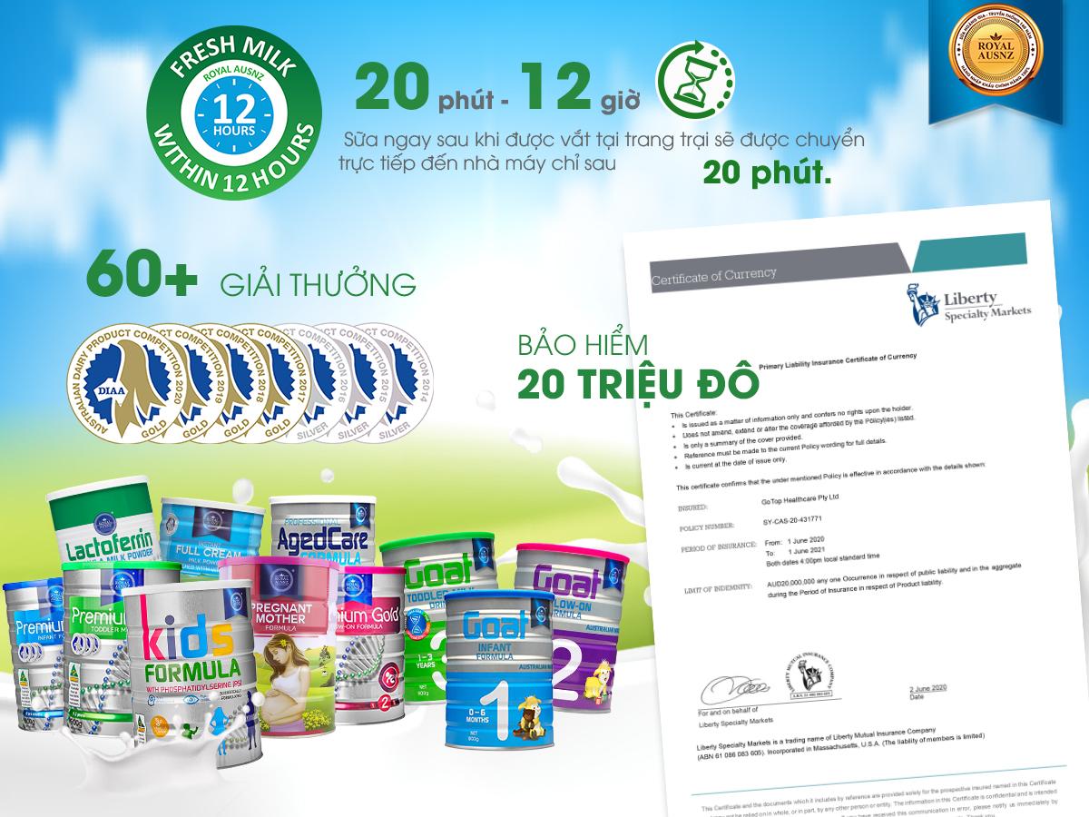 Các sản phẩm của Royal AUSNZ luôn đảm bảo 4 không: Không nguyên liệu biến đổi gen; Không chất bảo quản; Không chất tạo màu; Không hương vị tổng hợp.